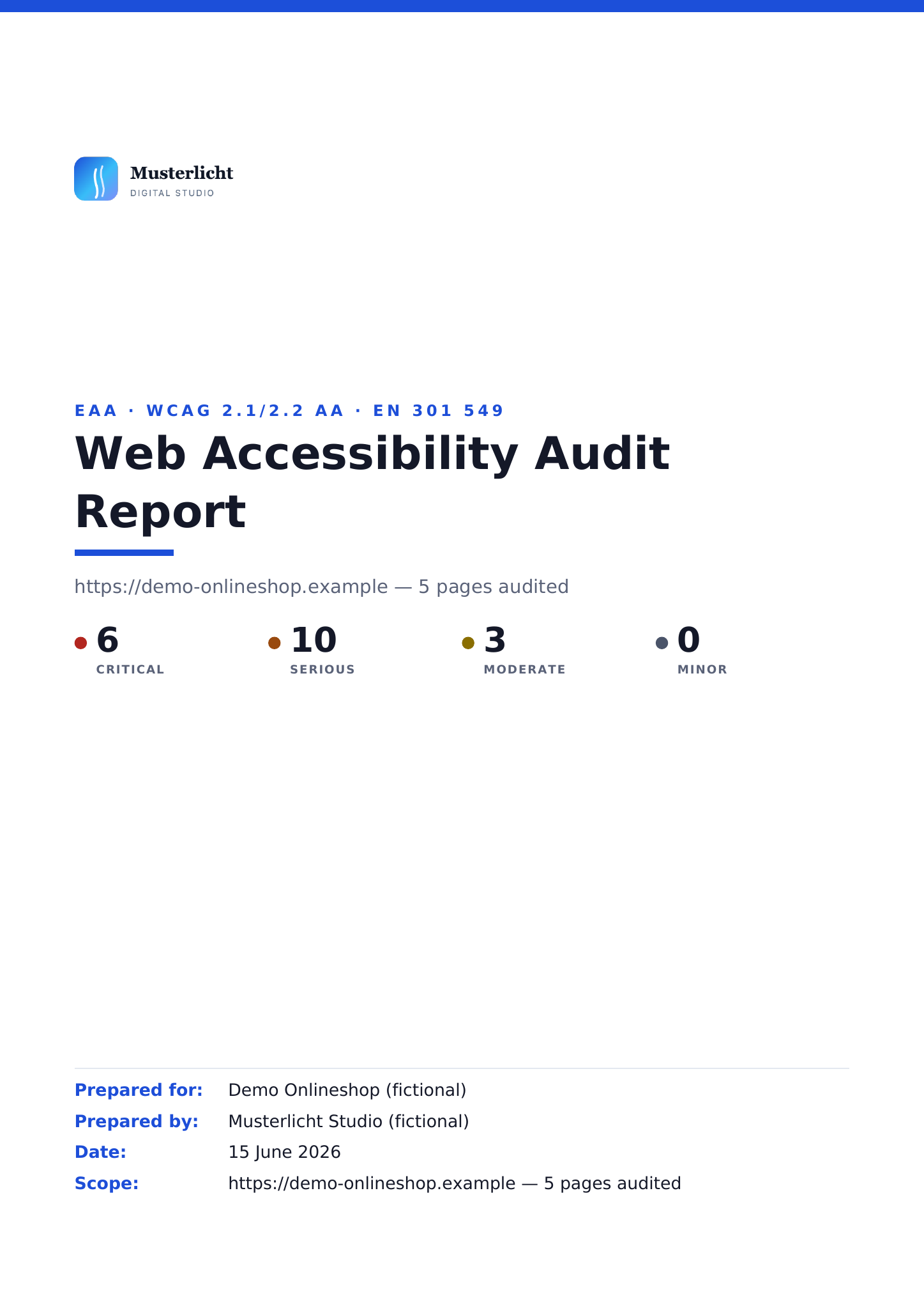 Sample report cover page: Web Accessibility Audit Report, prepared by a fictional agency for a fictional client, dated, with audit scope
