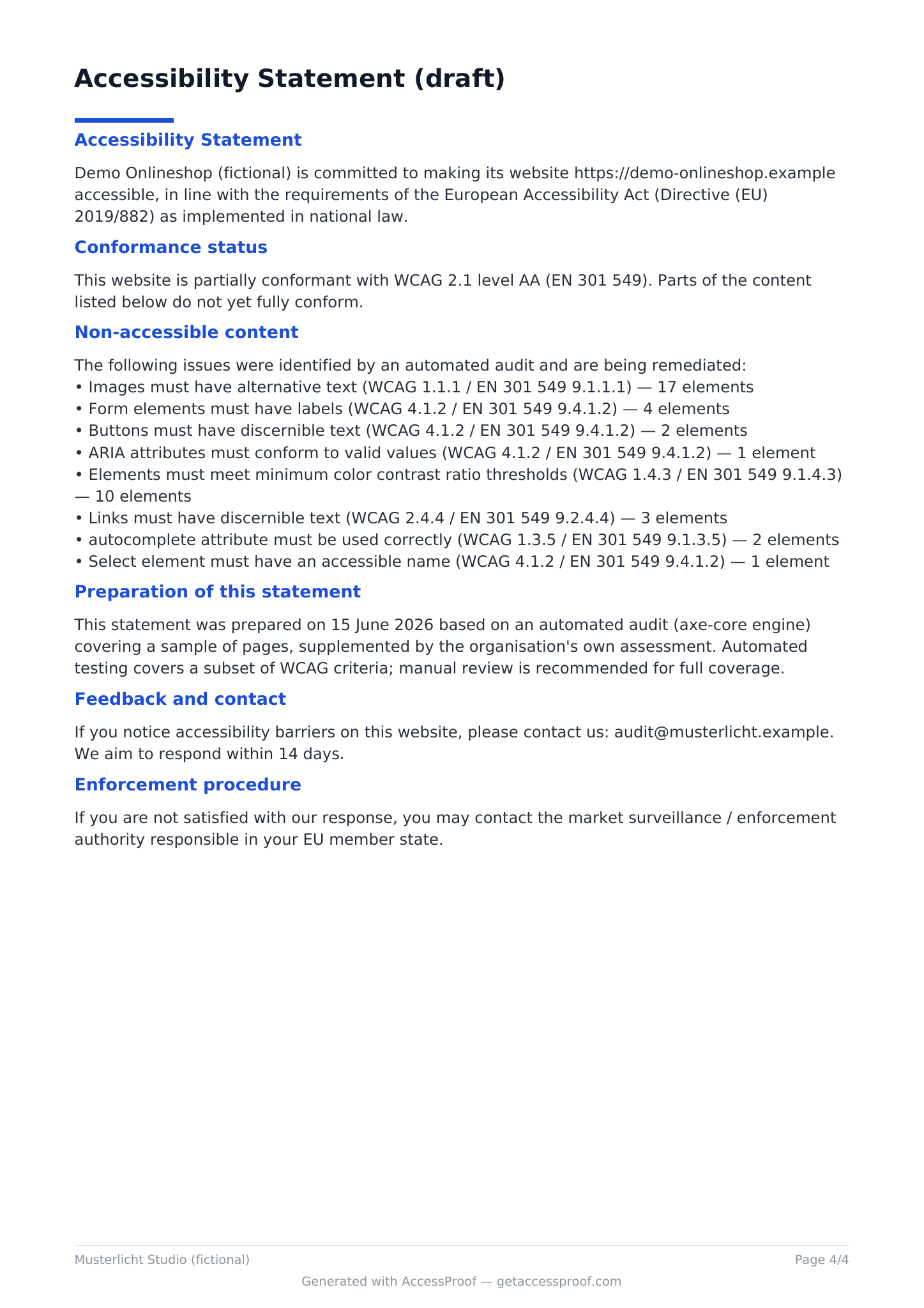 Sample report accessibility statement page: conformance status, non-accessible content list, preparation method, feedback contact and enforcement procedure