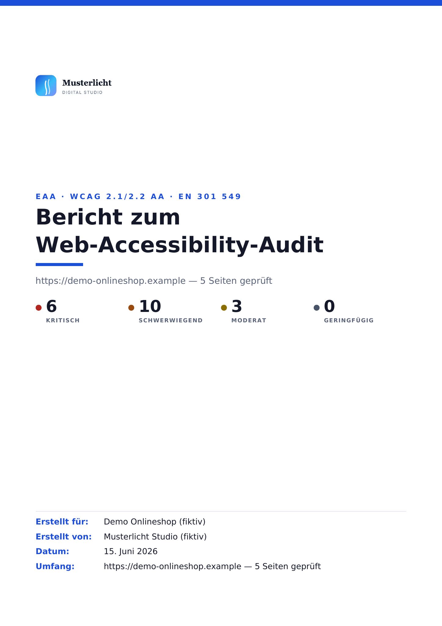 Beispiel-Deckblatt auf Deutsch: Audit-Bericht zur Barrierefreiheit, erstellt von einer fiktiven Agentur für einen fiktiven Kunden, mit Datum und Auditumfang