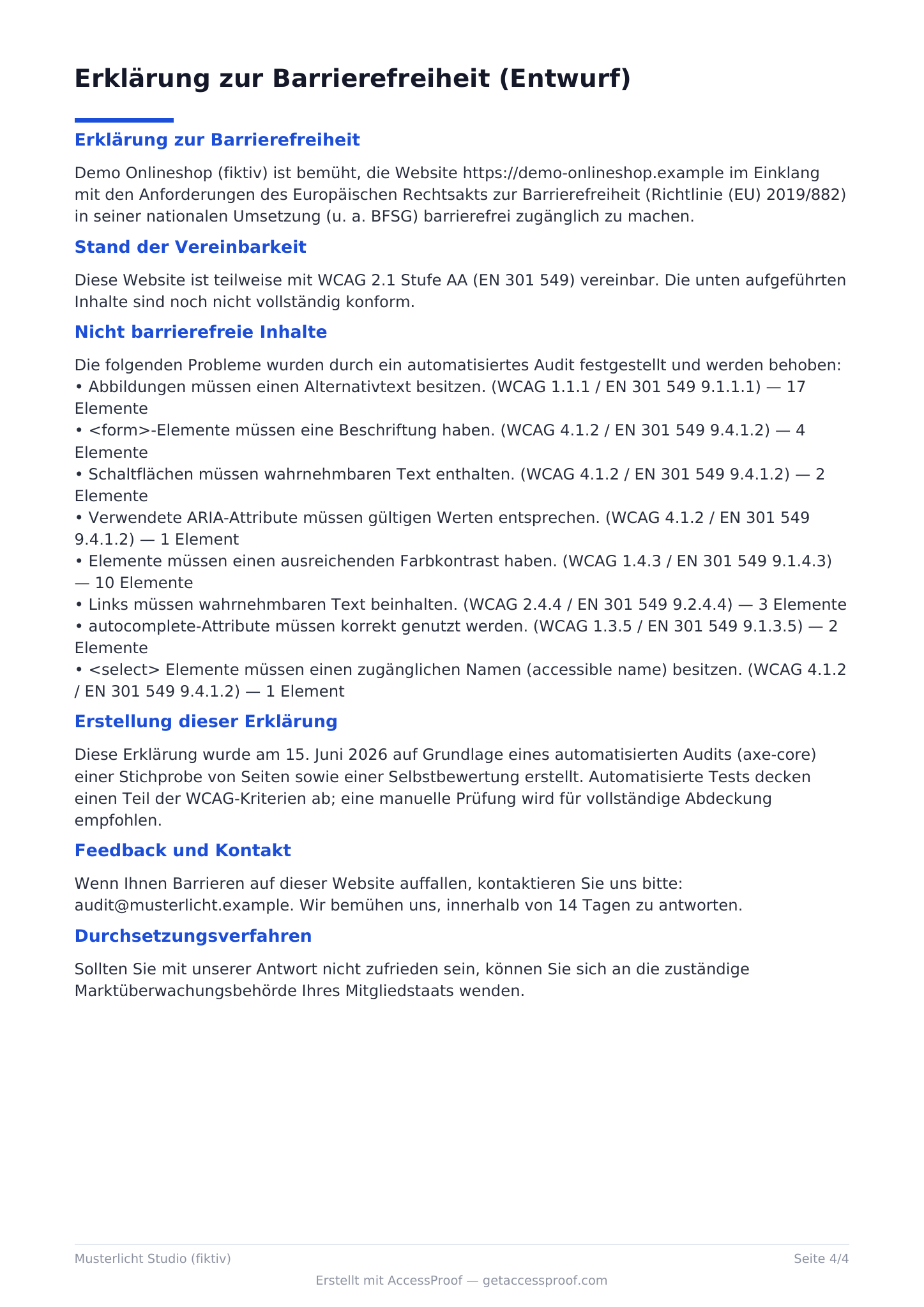 Beispiel-Barrierefreiheitserklärung auf Deutsch: Konformitätsstatus, Liste nicht zugänglicher Inhalte, Erstellungsmethode, Feedbackkontakt und Durchsetzungsverfahren